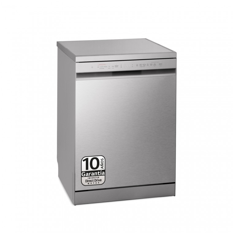 Vista frontal de Lavavajillas LG QuadWash™, Inox Antihuellas, Tercera bandeja cubiertos, clasificación D DF243FV.APYQEES