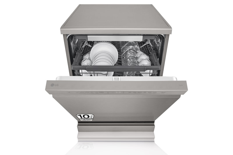 Vista frontal de Lavavajillas Inox antihuellas con tecnología QuadWash™ , C, con tercera bandeja DF355FP