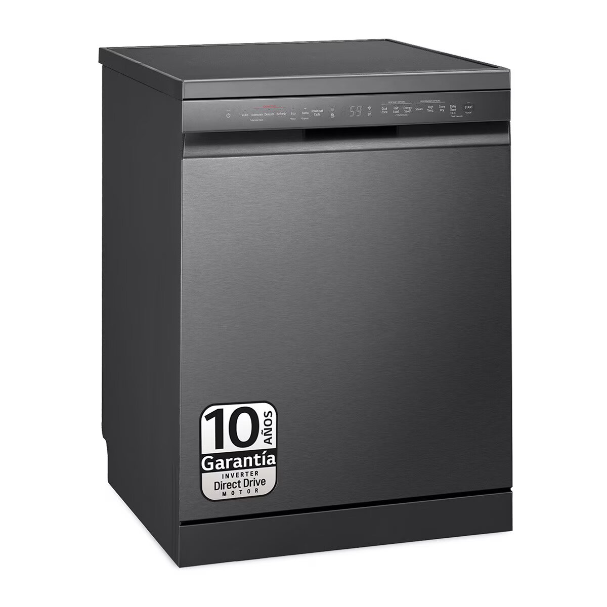 Vista frontal de Lavavajillas LG QuadWashTM Steam, Acero negro grafito antihuellas, B, con lavado a vapor y tercera bandeja DF365FMS.ABMQEES