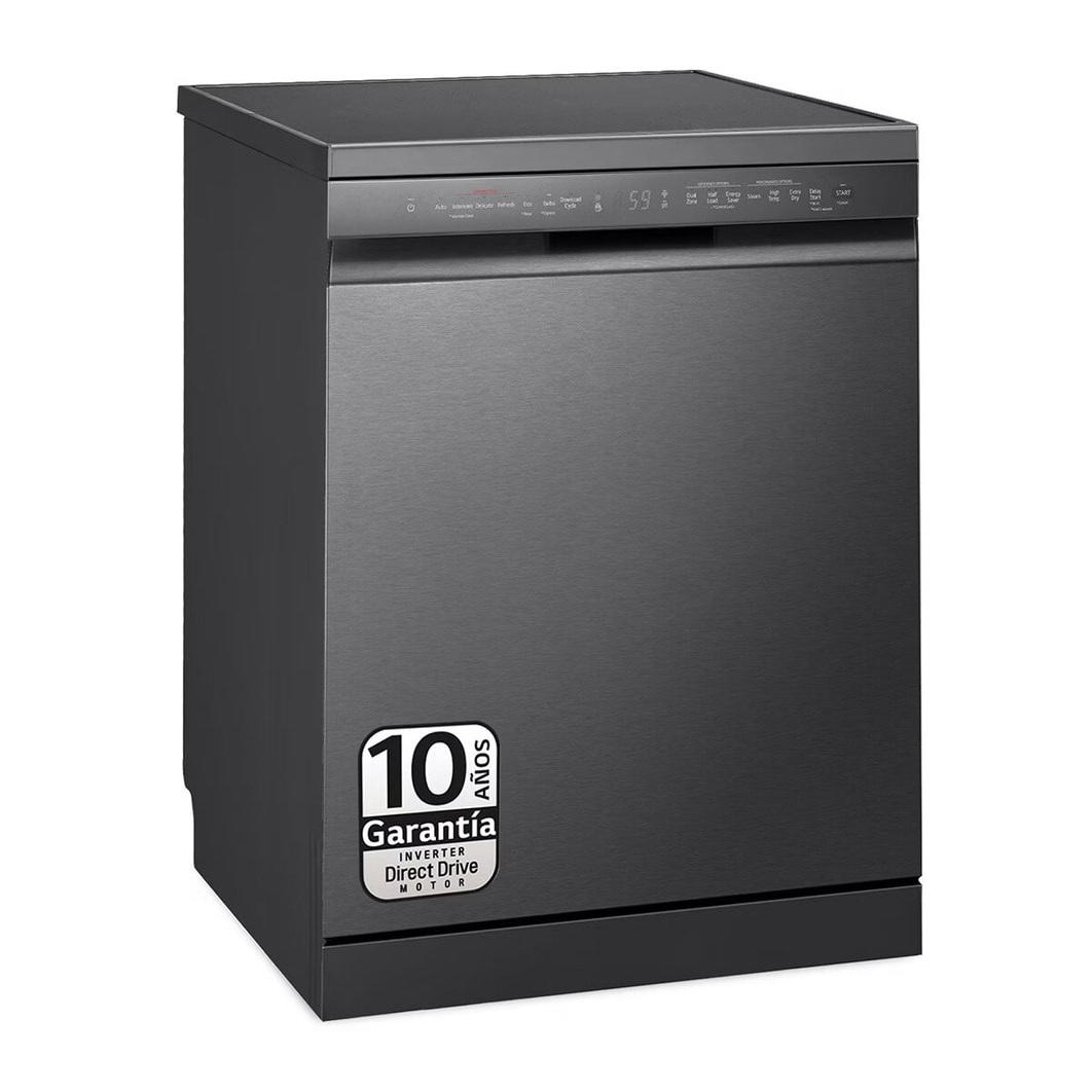 Vista frontal de Lavavajillas LG QuadWashTM Steam, Acero negro grafito antihuellas, B, con lavado a vapor y tercera bandeja DF365FMS.ABMQEES