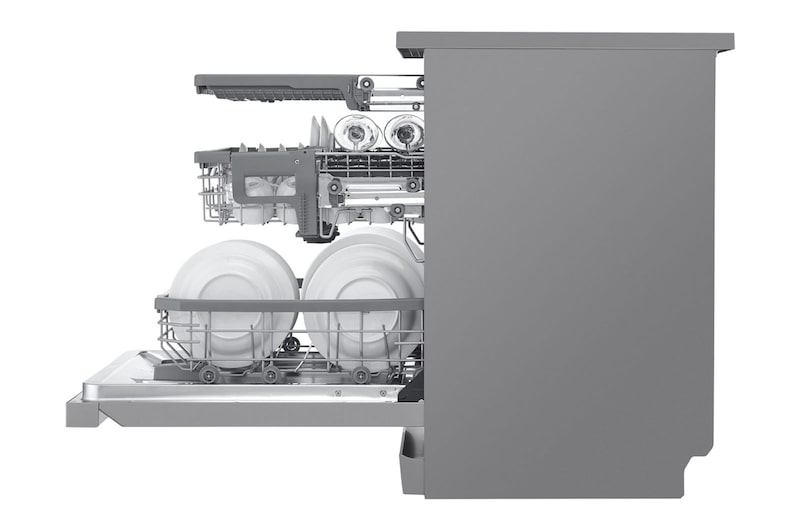 LG Lavavajillas LG QuadWash™, TrueSteam, Acero inoxidable antihuellas, clasificación D, con lavado a vapor y tercera bandeja, DF425HSS