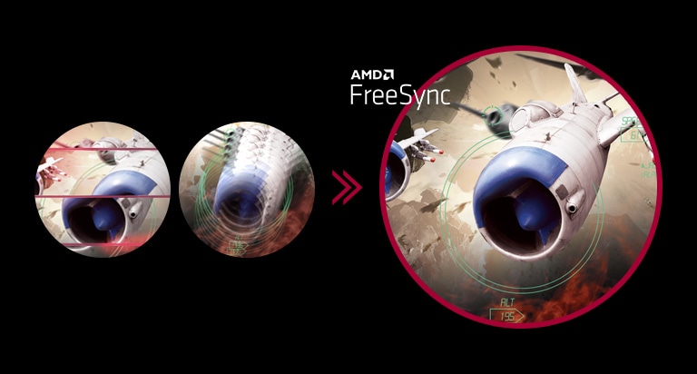Imagen clara del juego con movimiento fluido e impecable cuando AMD FreeSync™ está activado, mientras que si AMD FreeSync™ está desactivado, se producen los cuadros interrumpidos y la fragmentación.