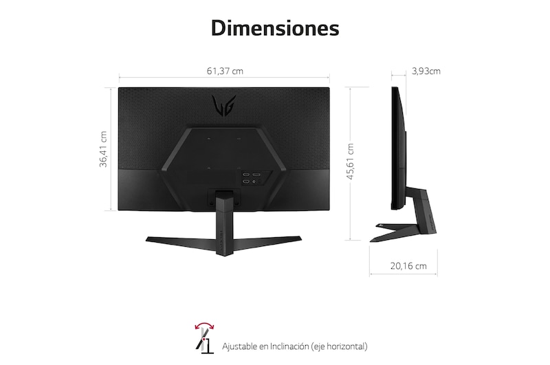 LG Monitor gaming LG UltraGear (Panel VA: 1920x1080p, 16:9, 250 cd/m², 3000:1, 1ms, 165Hz); diag. 68,47cm; entradas: DPx1, HDMIx2; AMD FreeSync™ Premium; Regulable en inclinacion, 27GQ50FW-B