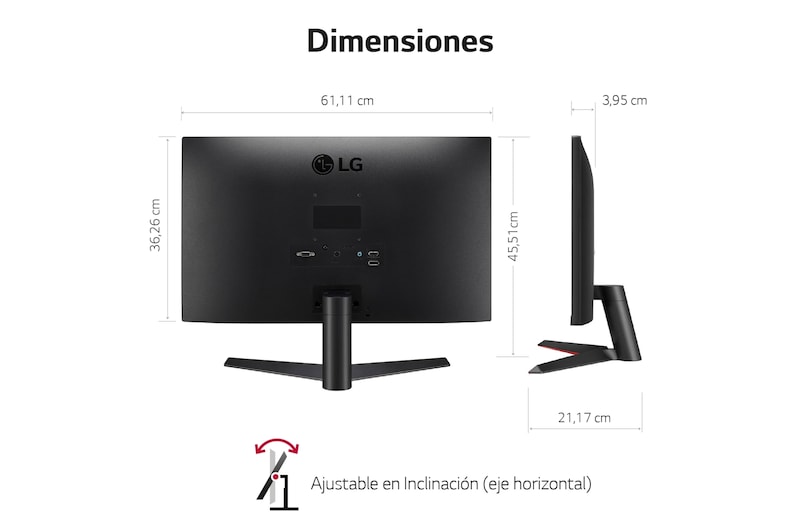 LG Monitor Gaming LG UltraGear™ (1920x1080p, 250cd/m², 1000:1, 1ms MBR, NTSC 72%); diag. 60,4cm; entradas: D-Sub x1, HDMI x1, DP x1; FreeSync™, 27MP60GW-B