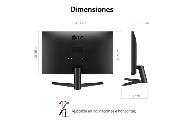 LG Monitor Gaming LG UltraGear™ (1920x1080p, 250cd/m², 1000:1, 1ms MBR, NTSC 72%); diag. 60,4cm; entradas: D-Sub x1, HDMI x1, DP x1; FreeSync™, 27MP60GW-B