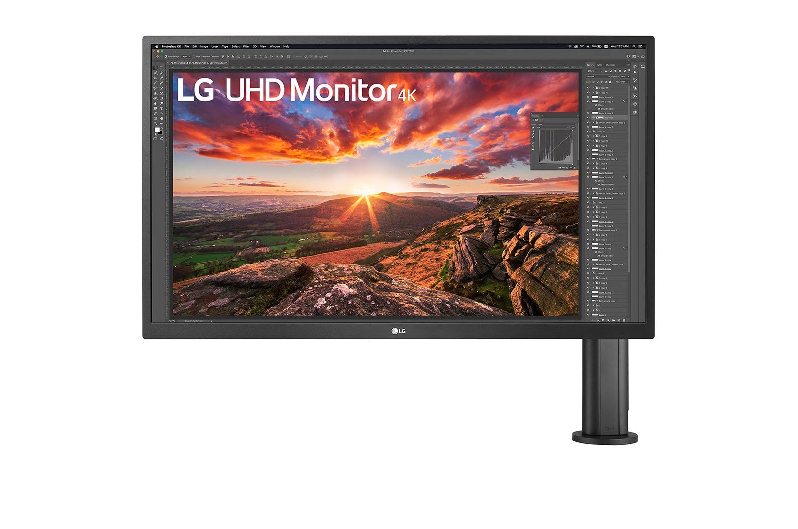 vista frontal con el brazo del monitor a la derecha
