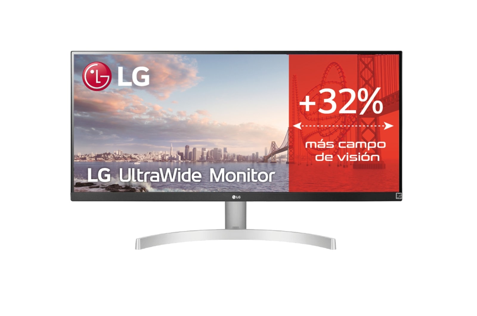 Vista frontal de LG 29WN600-W - Monitor Ultrapanoramico 21:9 LG UltraWide (Panel IPS: 2560x1080, 400cd/m², 1000:1, sRGB&gt;99%); diag. 73cm; entr.: HDMIx2, DPx1; altavoces 2x7W; Ajust. en inclinación. 29WN600-W
