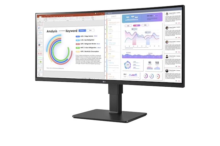 LG Monitor Ultrawide (Panel IPS: 3440 x 1440p, 21:9, Curvo 3800R , 300cd/m², 1000:1, sRGB >99%, 60Hz, 5ms); diag. 86,42cm, entradas: HDMI x2, DP x1, USB-C (90W) x1, USB-A x4, Salida auriculares + Micrófono; Webcam, HDR10, 2PBP, +Superesolution, Soporte VESA 100x100, 34BQ77QC-B