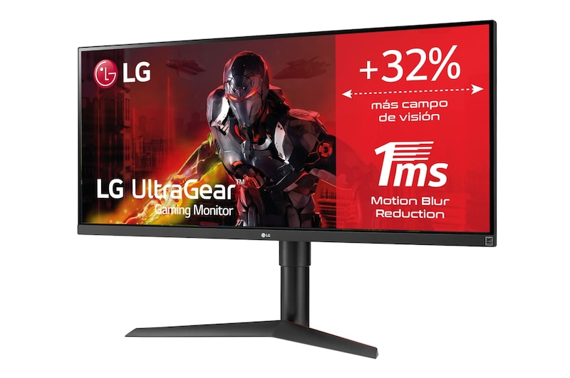 LG Monitor LG UltraGear UltraWide (Panel IPS: 2560x1080p, 21:9, 400 cd/m², 1000:1, 5ms “1ms con MBR”); entradas: DP x1, HDMI x1; AMD FreeSync™, 34WP65G-B