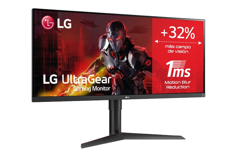 LG Monitor LG UltraGear UltraWide (Panel IPS: 2560x1080p, 21:9, 400 cd/m², 1000:1, 5ms “1ms con MBR”); entradas: DP x1, HDMI x1; AMD FreeSync™, 34WP65G-B