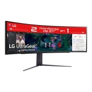 Vista frontal de Outlet Monitor gaming LG UltraGear (VA: 5120 x 1440, 32:9, 450cd/m², 2500:1, 1ms, 240Hz, DCI-P3&gt;90%, HDR10); diag. 123.8cm; entr.: HDMI 2.1 x2, DPx1, USB-Ax3; AMD FreeSync™ Premium,Hexagon Lighting. 49GR85DC-B.OUTLET