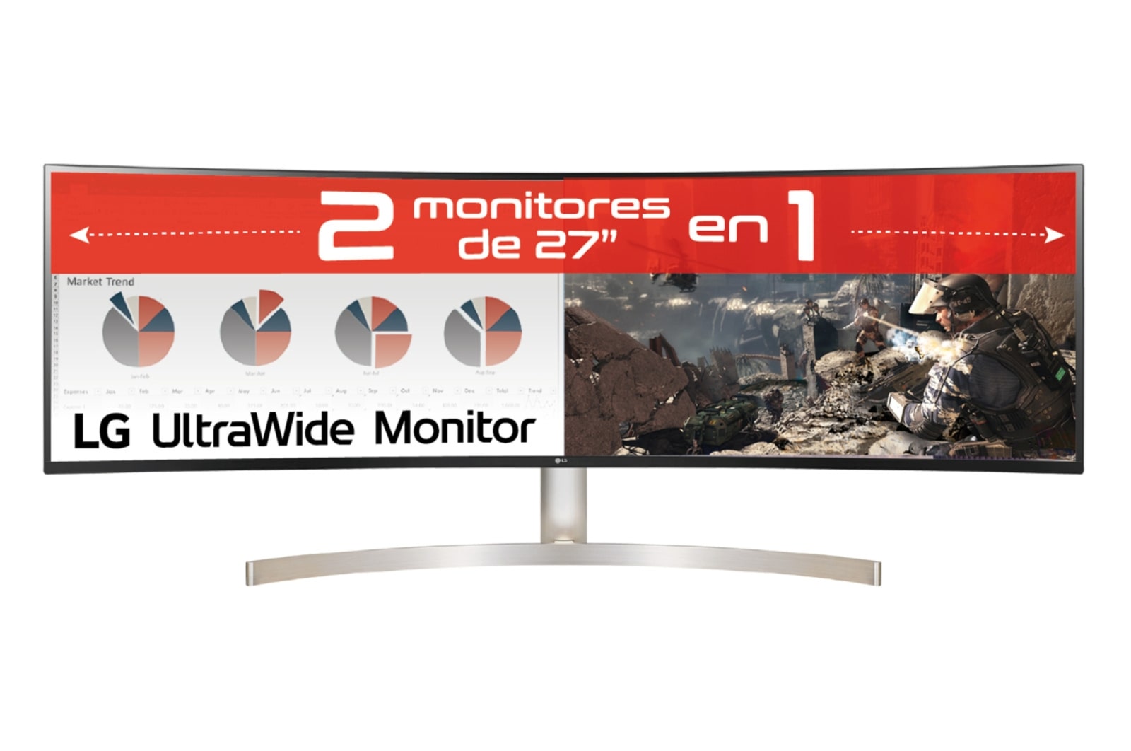 Vista frontal de LG 49WL95C-W - Monitor Ultrapanoramico 21:9 LG UltraWide (Panel IPS: 5120x1440, 32:9, 350cd/m², 1000:1, sRGB &gt;99%, curvo); diag. 124,5cm; entr,: HDMIx2, DPx1, USB-Cx1, USB-Ax4; altavoces 2x10W; Ajust. en altura e inclinación y giratorio. 49WL95C-WE