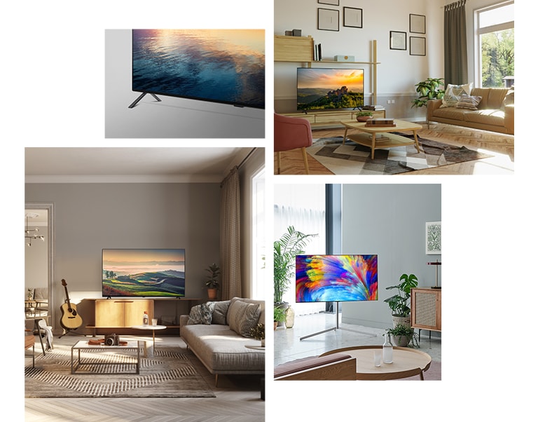 Una vista lateral de las patas base de un TV LG OLED A2. UnTV LG OLED A2 se encuentra en un soporte de TV de madera en una sala de estar neutra con plantas y libros. Un TV LG OLED A2 con Gallery Stand se encuentra en la esquina de una habitación color menta con varias plantas. UnTV  LG OLED A2 se sienta en un soporte de TV de madera en una sala de estar neutral con una guitarra, una cámara y plantas.