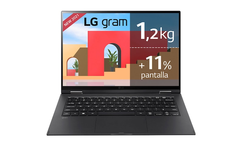 LG gram 14T90P-G.AA78B <br>Windows 10 Home (LG recomienda Windows 11 Pro para empresa)  – Portátil convertible 2en1 ultraligero de 35,5cm (14'') WUXGA 16:10 IPS (1,2kg, autonomía 16,5h, Intel EvoTM i7 11ª gen., Iris Xe, 16GB RAM, 512GB SSD NVMe) Negro - Teclado Español, 14T90P-G-AA78B