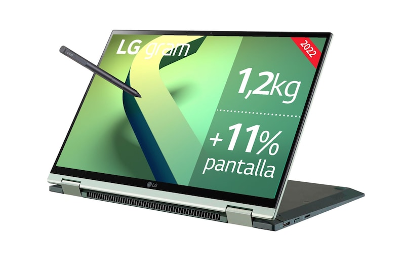LG gram 14T90Q-G.AA79B <br>Windows 11 Home - Convertible 2en1 ultraligero de 35,5cm (14") WUXGA 16:10 IPS (1,2kg, autonomía 16,5h, Intel EvoTM i7 12ª gen., Iris Xe, 16GB RAM, 1TB SSD NVMe) Plateado - Teclado Español, 14T90Q-G