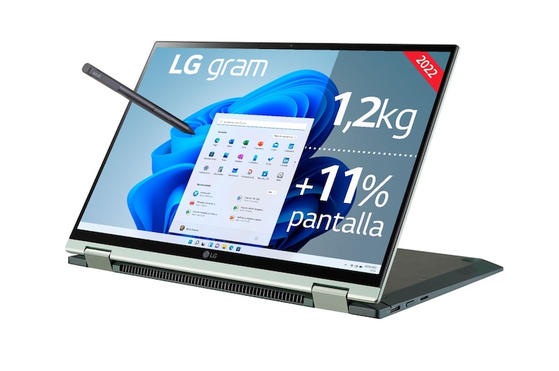 LG gram 14T90Q-G.AA79B <br>Windows 11 Home - Convertible 2en1 ultraligero de 35,5cm (14") WUXGA 16:10 IPS (1,2kg, autonomía 16,5h, Intel EvoTM i7 12ª gen., Iris Xe, 16GB RAM, 1TB SSD NVMe) Plateado - Teclado Español, 14T90Q-G