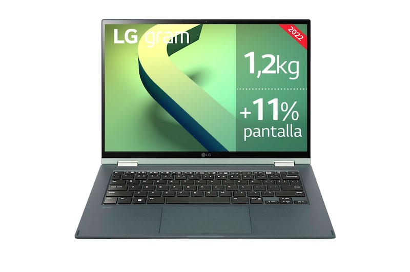 LG gram 14T90Q-G.AA79B <br>Windows 11 Home - Convertible 2en1 ultraligero de 35,5cm (14") WUXGA 16:10 IPS (1,2kg, autonomía 16,5h, Intel EvoTM i7 12ª gen., Iris Xe, 16GB RAM, 1TB SSD NVMe) Plateado - Teclado Español, 14T90Q-G