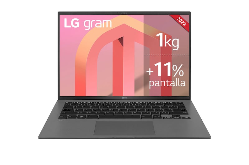 Vista frontal de LG gram 14Z90Q Windows 11 Home - Portátil ultraligero de 35,56cm (14") WUXGA 16:10 IPS (1kg, autonomía 14h. Intel EvoTM i5 12ª gen., Iris Xe,  8GB RAM, 512GB SSD NVMe) Plata - Teclado Español 14Z90Q-G.AA56B
