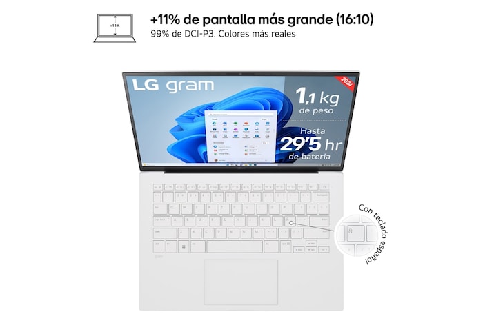 LG Portátil 14" LG gram 14Z90S, Windows 11 Home, Intel® Core™ Ultra7 , 16 GB RAM , 512 GB SSD,  Panel IPS Touch  (1920*1200), Ligero, 1.120 g , 29.5h,  AI, Blanco, 14Z90S-G.AA74B