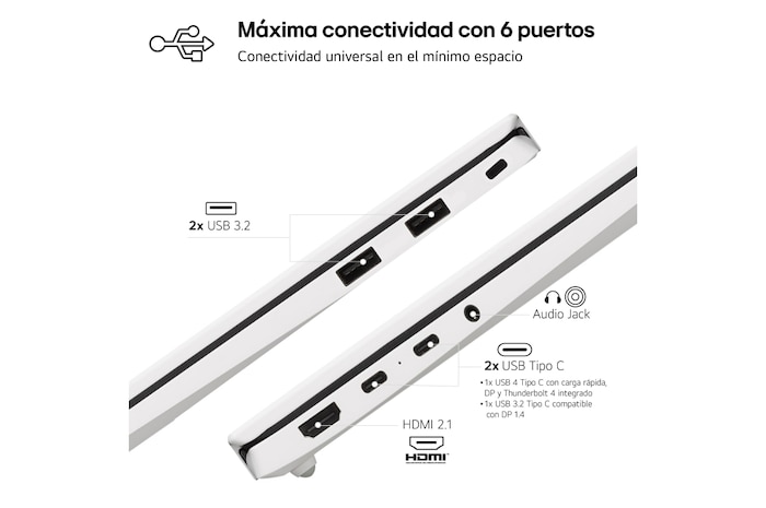 LG Portátil 14" LG gram 14Z90S, Windows 11 Home, Intel® Core™ Ultra7 , 16 GB RAM , 512 GB SSD,  Panel IPS Touch  (1920*1200), Ligero, 1.120 g , 29.5h,  AI, Blanco, 14Z90S-G.AA74B