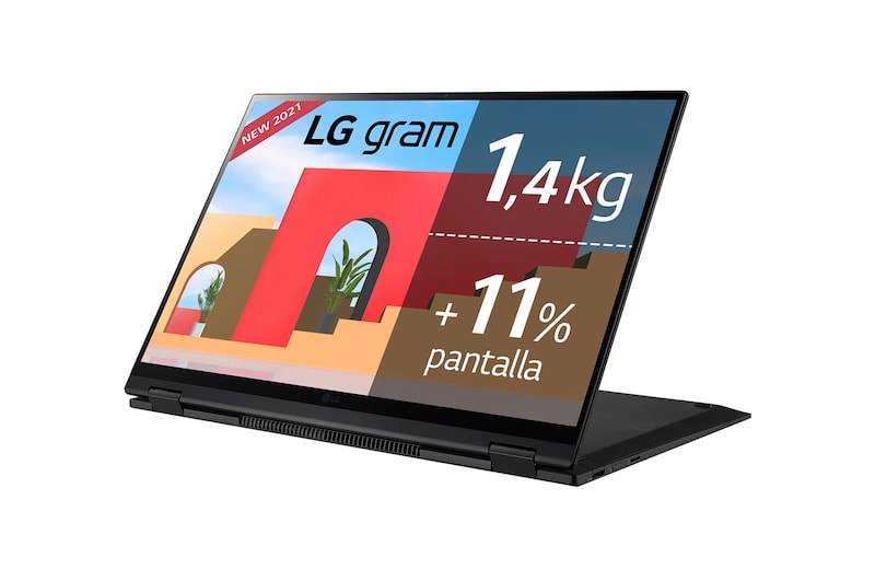 LG gram 16T90P-G.AA78B <br>Windows 10 Home – Portátil convertible 2en1 ultraligero de 40,6cm (16'') WQXGA 16:10 IPS (1,4kg, autonomía 16h, Intel EvoTM i7 11ª gen., Iris Xe, 16GB RAM, 512GB SSD NVMe) Negro - Teclado Español, 16T90P-G-AA78B