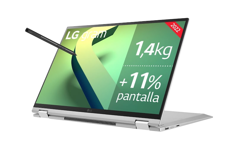 LG gram 16T90Q-G<br>Windows 11 Home - Convertible 2en1 ultraligero de 40,6cm (16") WQXGA 16:10 IPS (1,4kg, autonomía 16h, Intel EvoTM i7 12ª gen., Iris Xe, 16GB RAM, 1TB SSD NVMe) Plateado - Teclado Español, 16T90Q-G.AA79B