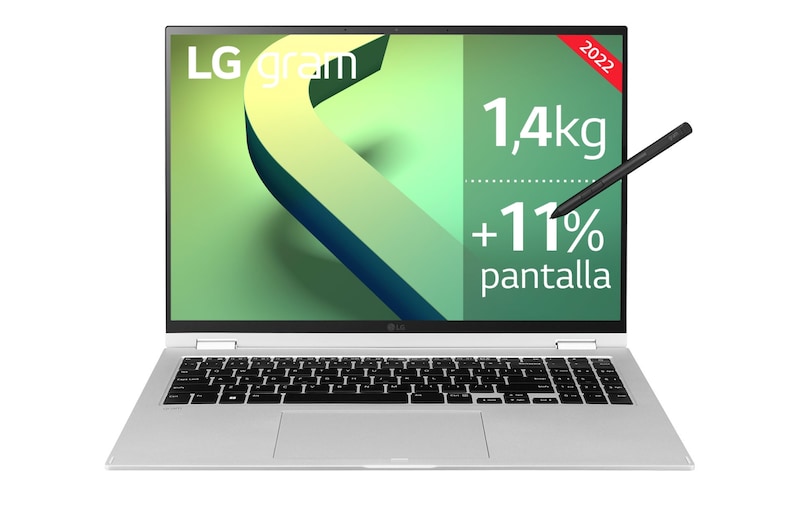 LG gram 16T90Q-G<br>Windows 11 Home - Convertible 2en1 ultraligero de 40,6cm (16") WQXGA 16:10 IPS (1,4kg, autonomía 16h, Intel EvoTM i7 12ª gen., Iris Xe, 16GB RAM, 1TB SSD NVMe) Plateado - Teclado Español, 16T90Q-G.AA79B