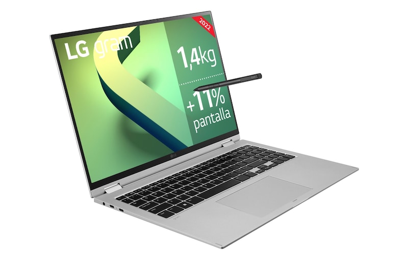 LG gram 16T90Q-G<br>Windows 11 Home - Convertible 2en1 ultraligero de 40,6cm (16") WQXGA 16:10 IPS (1,4kg, autonomía 16h, Intel EvoTM i7 12ª gen., Iris Xe, 16GB RAM, 1TB SSD NVMe) Plateado - Teclado Español, 16T90Q-G.AA79B