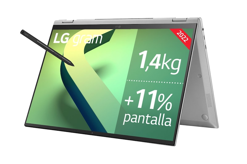 LG gram 16T90Q-G<br>Windows 11 Home - Convertible 2en1 ultraligero de 40,6cm (16") WQXGA 16:10 IPS (1,4kg, autonomía 16h, Intel EvoTM i7 12ª gen., Iris Xe, 16GB RAM, 1TB SSD NVMe) Plateado - Teclado Español, 16T90Q-G.AA79B