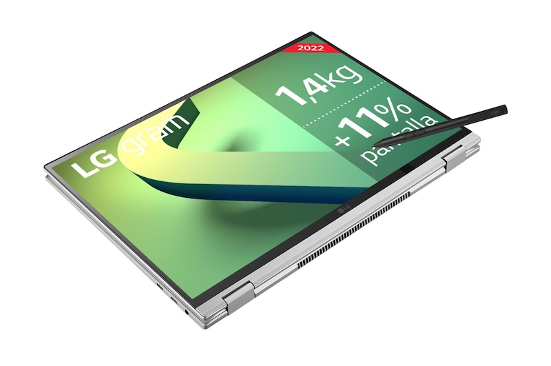 LG gram 16T90Q-G<br>Windows 11 Home - Convertible 2en1 ultraligero de 40,6cm (16") WQXGA 16:10 IPS (1,4kg, autonomía 16h, Intel EvoTM i7 12ª gen., Iris Xe, 16GB RAM, 1TB SSD NVMe) Plateado - Teclado Español, 16T90Q-G.AA79B