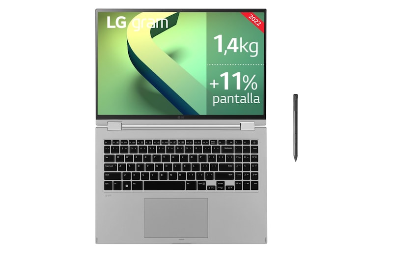 LG gram 16T90Q-G<br>Windows 11 Home - Convertible 2en1 ultraligero de 40,6cm (16") WQXGA 16:10 IPS (1,4kg, autonomía 16h, Intel EvoTM i7 12ª gen., Iris Xe, 16GB RAM, 1TB SSD NVMe) Plateado - Teclado Español, 16T90Q-G.AA79B