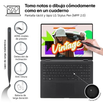 LG Outlet LG gram Pro 2 en 1 16T90SP Windows 11 Home/ Intel Core Ultra 7 / 16GB/ 512GB SSD/ 1,3Kg/ 20,5h, 16T9SPKAA75.OUTLET