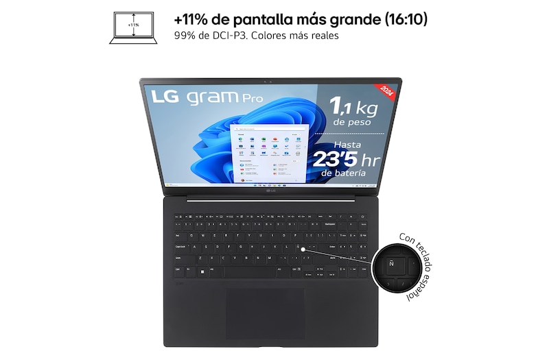 LG gram Pro de 16 pulgadas Laptop Ligero de 16GB RAM Intel® Core™ Ultra 7 | Windows 11, Pantalla IPS Antirreflejo, 16Z90SP-G.AA75B