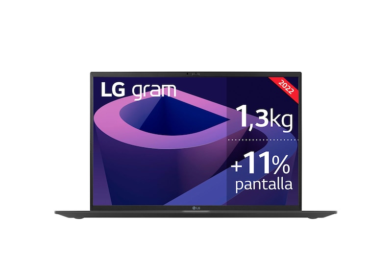 Vista frontal de LG gram 17Z90Q Windows 11 Home - Portátil ultraligero de 43,6 cm (17") WQXGA 16:10 IPS (1,4 Kg, autonomía 11h, Intel EvoTM i7 12ª gen., Iris Xe, 16GB RAM, 512GB SSD NVMe, Grafica RTX2050 con 4GB GDDR6 ) Negro - Teclado Español 17Z90Q-EAA75B