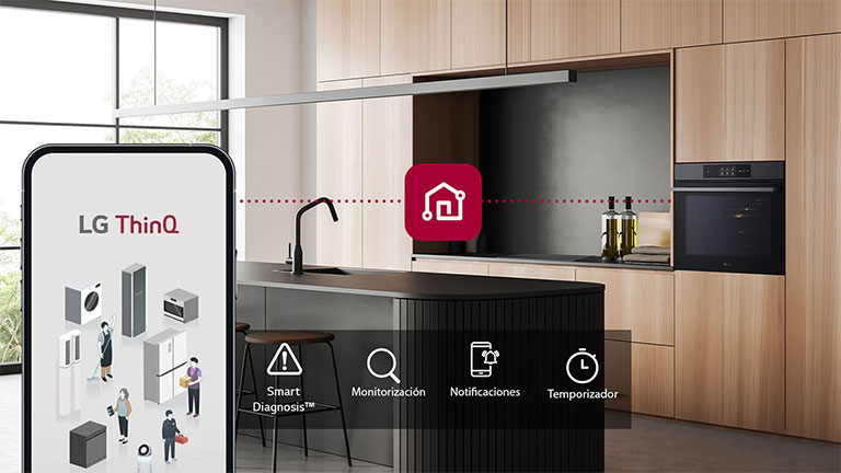 Imagen de un horno y un smartphone conectados a través de ThinQ. Hay un icono que muestra las funciones ThinQ, diagnóstico inteligente, monitorización, notificaciones, temporizador.