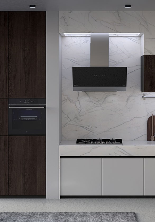 Imagen de cocina con horno incorporado LG, campana y encimera de gas instalada.