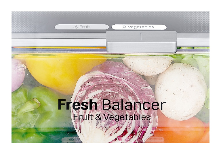 Caja de verduras y frutas en frigorífico LG, mantiene frescura óptima.