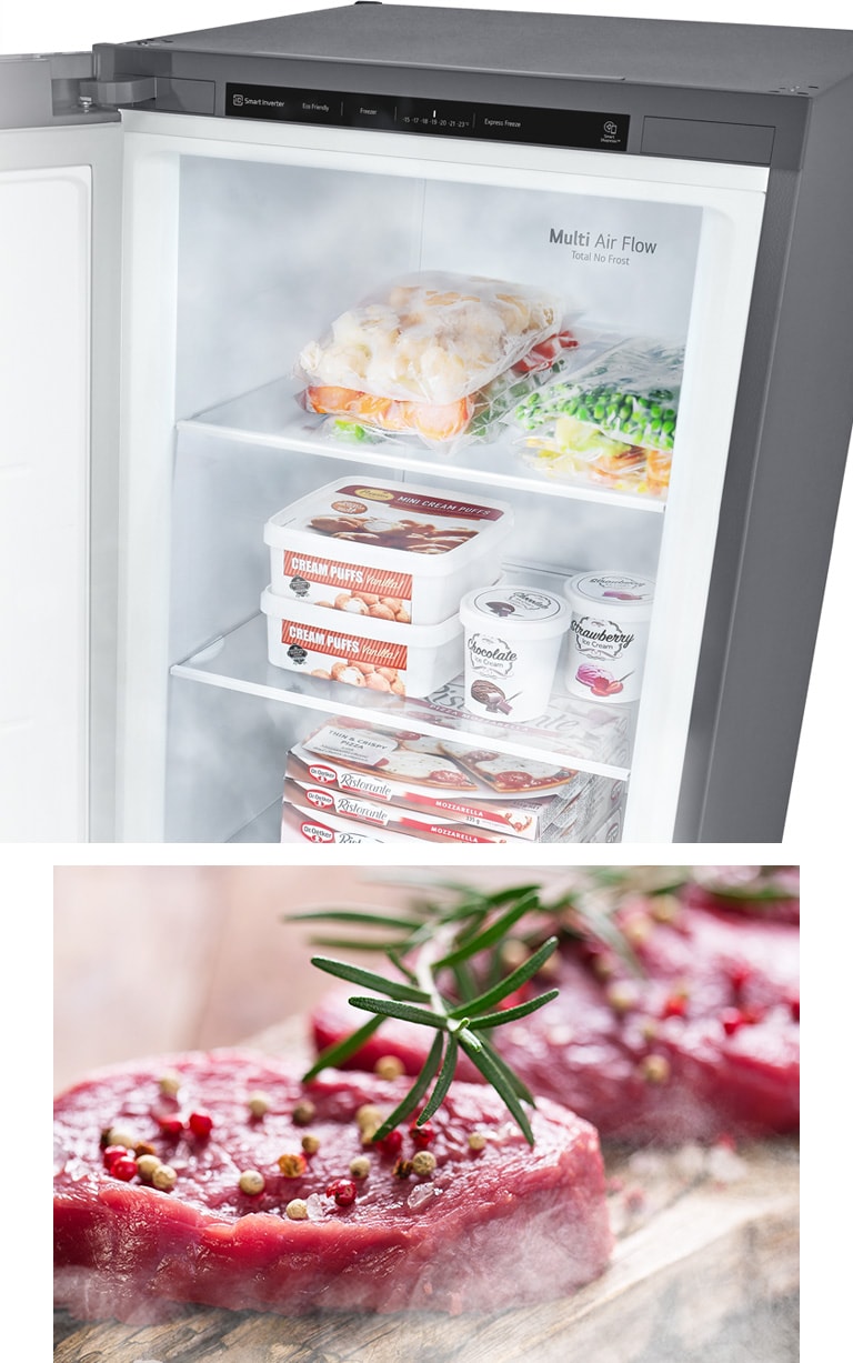 Congelador LG abierto, mostrando alimentos congelados organizados en estantes iluminados.