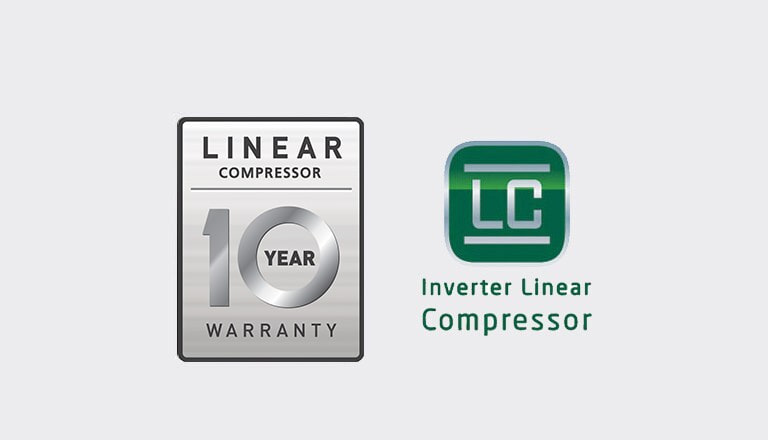 El icono del compresor Inverter Linear Compressor junto al icono de 10 años de garantía