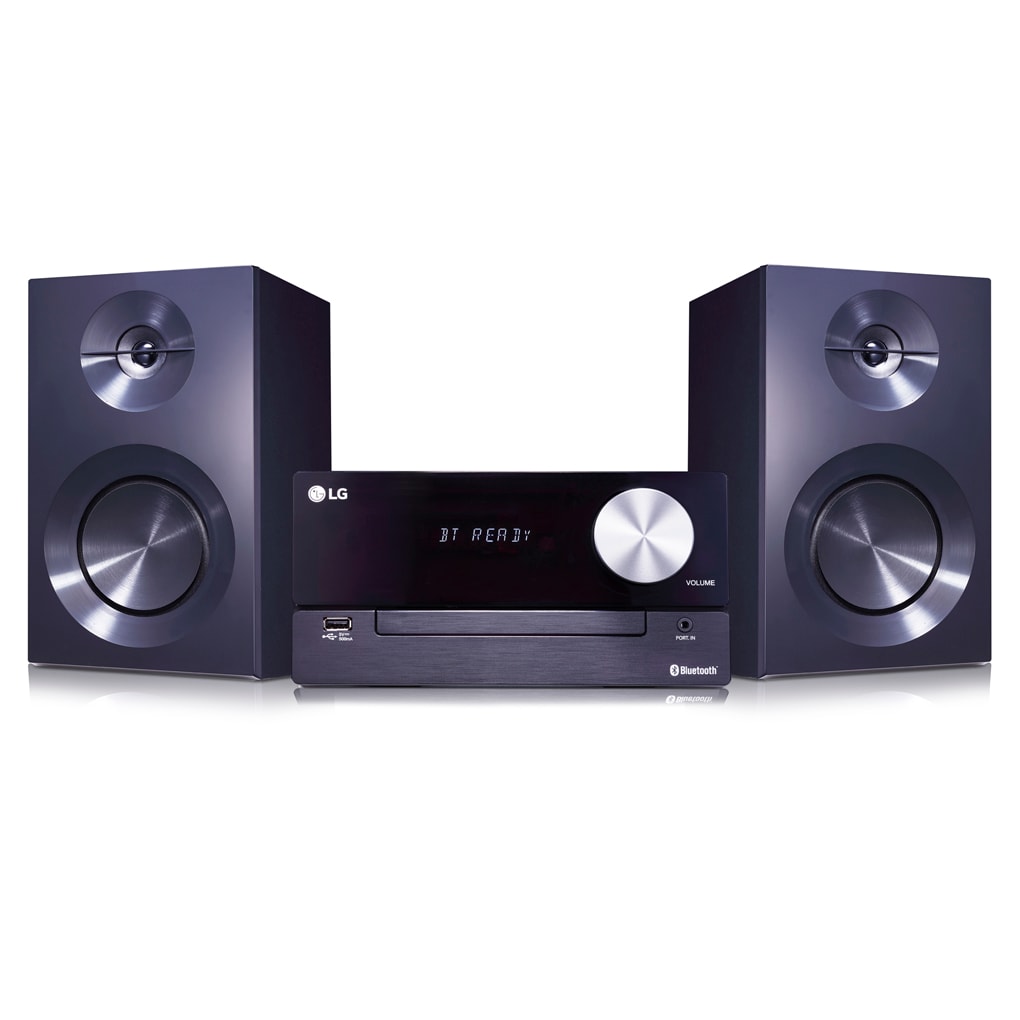 Vista frontal de LG XBOOM CM2460, Microcadena con 100W de potencia, con conexión bluetooth, conexión USB y TV Sound Sync (sincronización inalámbrica con tu TV) CM2460