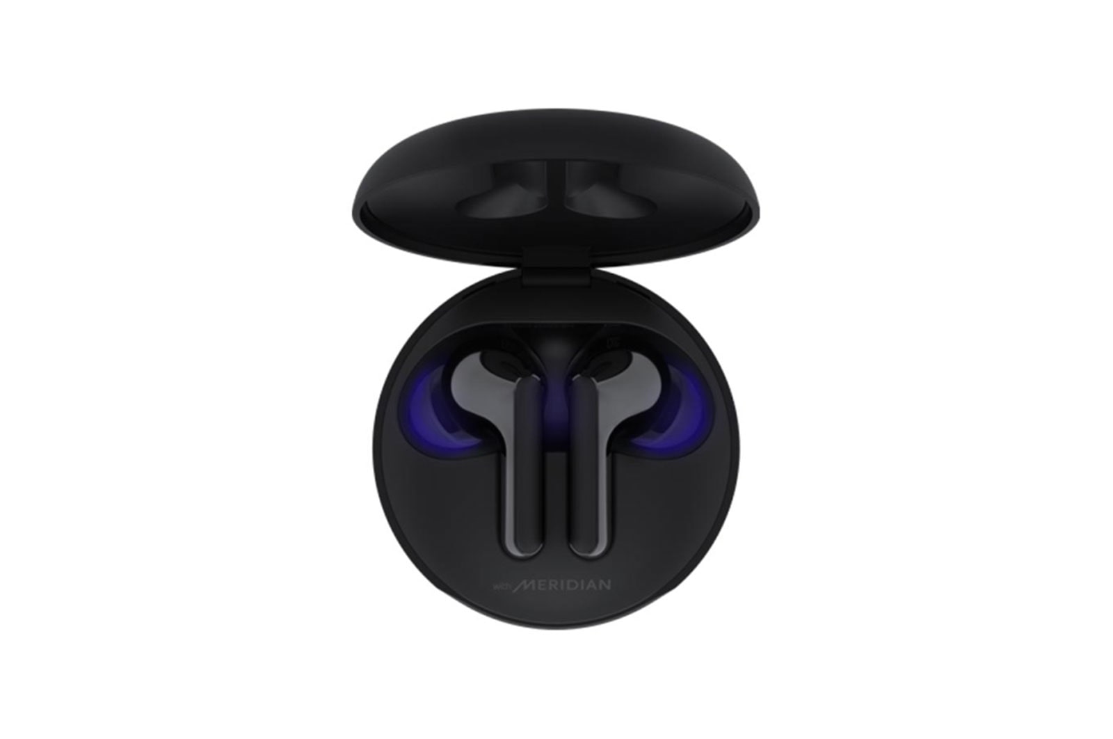 Vista superior de un estuche abierto y dos auriculares en su interior con iluminación ultravioleta encendida