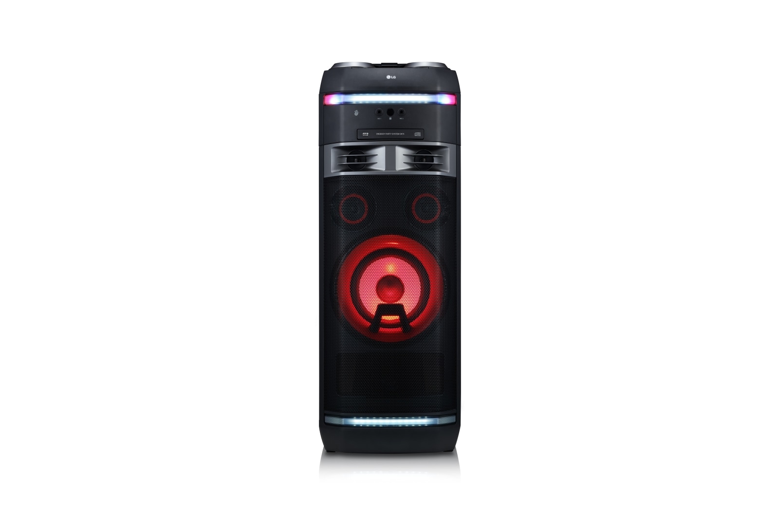 Vista frontal de Equipo de alto voltaje con 1000W de potencia, Bluetooth, Party link inalámbrico, USB, funciones DJ y Karaoke Star OK75