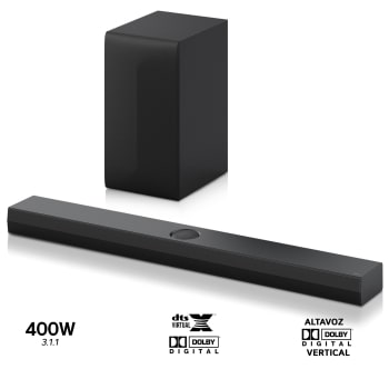 Vista frontal de Barra de sonido inteligente LG S70TR 500W de potencia y 5.1.1 canales, altavoces dobles traseros inalámbricos incluidos. Sonido envolvente Dolby Atmos, DTS y Hi-Res 24bits/96kHz. S70TS.DESB