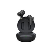 Imagen con auriculares LG TONE Free flotando sobre una base de carga abierta.