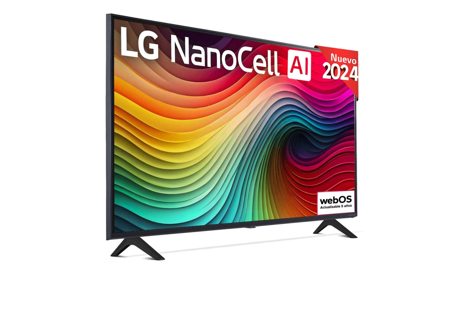 Front view of LG NanoCell TV, NANO81 with text of LG NanoCell, 2024, and webOS Re:New Program logo on screen