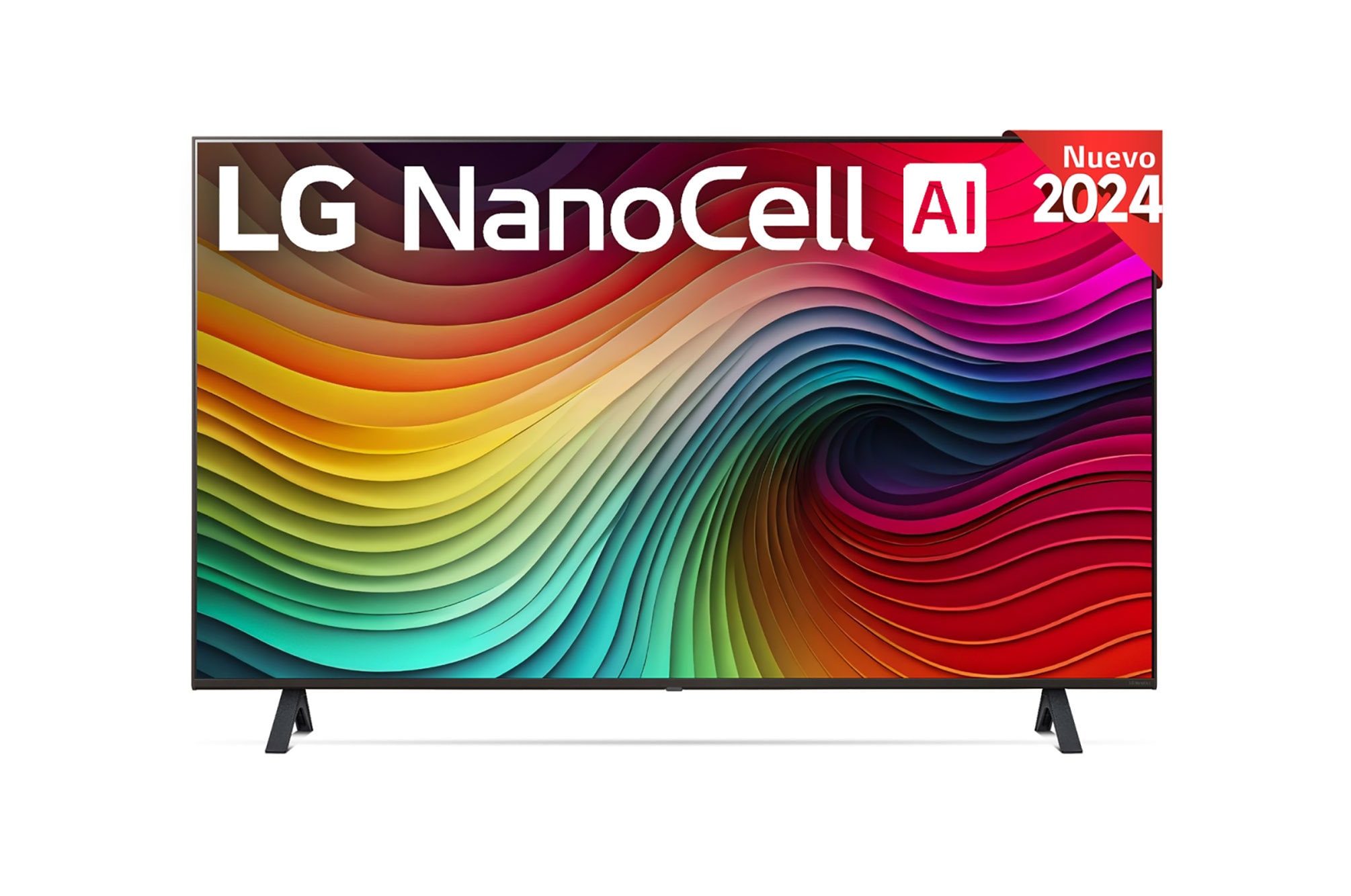 Front view of LG NanoCell TV, NANO80 with text of LG NanoCell, 2024, and webOS Re:New Program logo on screen