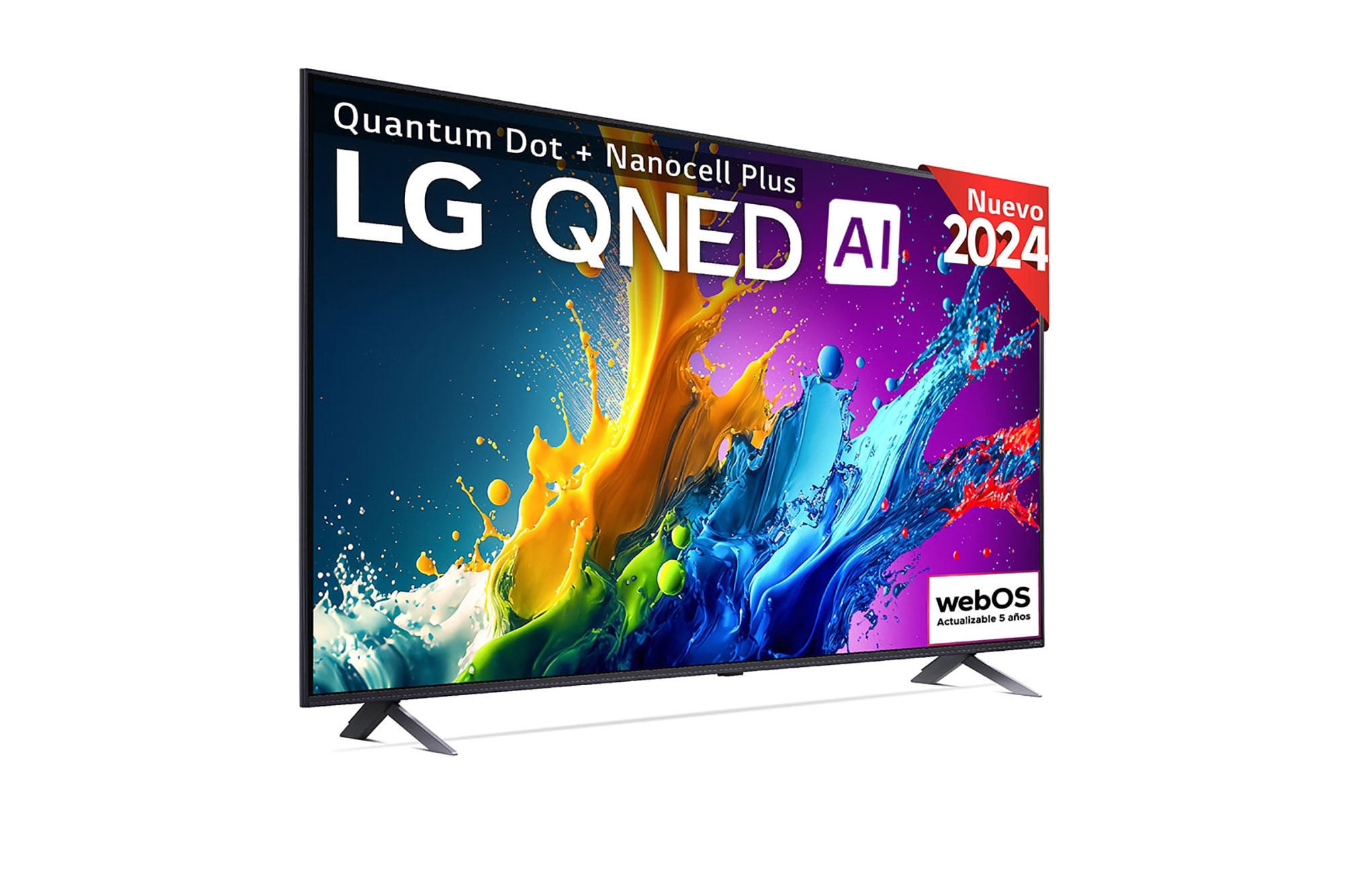 Vista frontal del televisor LG QNED80 43QNED80T6A con el logotipo de webOS en la pantalla.