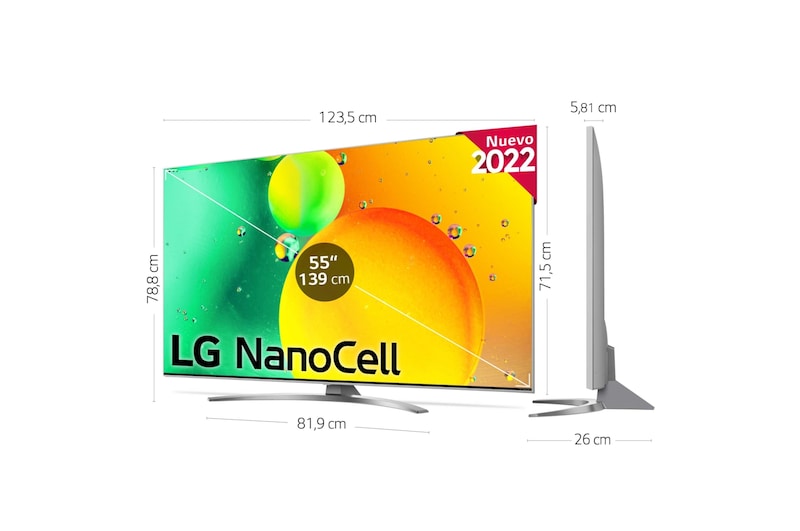 LG Televisor LG 4K Nanocell, Procesador de Gran Potencia 4K a5 Gen 5, compatible con formatos HDR 10, HLG y HGiG, Smart TV webOS22, 55NANO786QA
