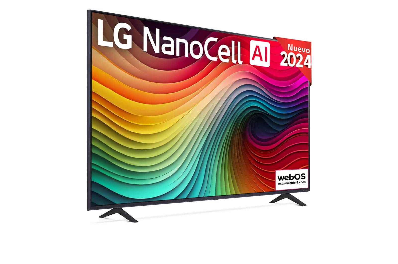 Front view of LG NanoCell TV, NANO81 with text of LG NanoCell, 2024, and webOS Re:New Program logo on screen