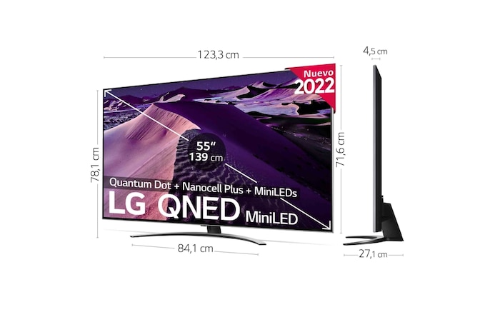 LG Televisor LG 4K QNED Mini LED, Procesador Inteligente de Gran Potencia 4K a7 Gen 5 con IA, compatible con el 100% de formatos HDR, HDR Dolby Vision y Dolby Atmos, Smart TV webOS22, perfecto para Gaming, 55QNED876QB